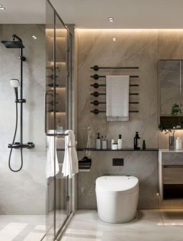 bathroom renovation featuring new standing shower, floor tiles, vanity and custom fixtures